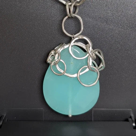 Lia Sophia Aqua Glass Pendant Necklace Silver Statement Coastal Quiet Luxury - Picture 2 of 9